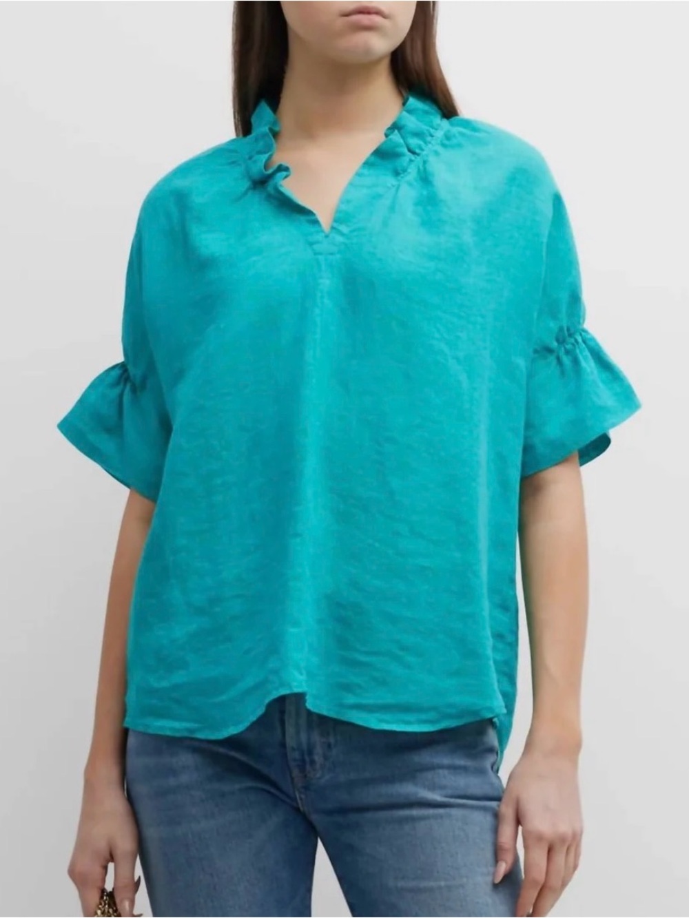 Finley Crosby Orange Summer Flowy Ruffle-Trim V-Neck Linen Blouse Size Small